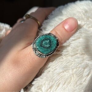 Silver Green Solar Quartz Agate Ring